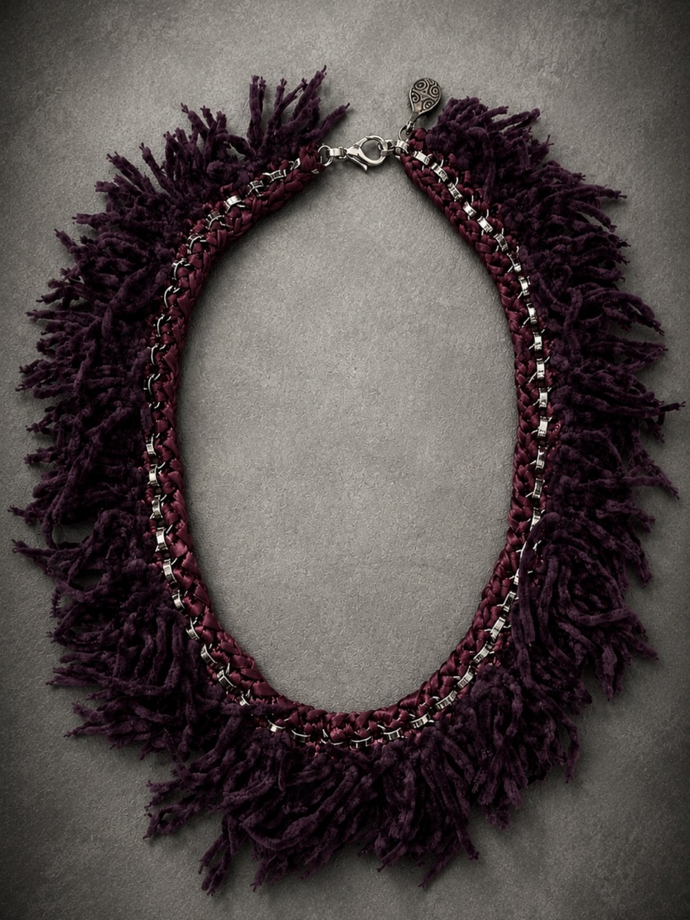 Handcrafted Fringe Statement Necklace - Plum/ Silver Tone Chain Detail